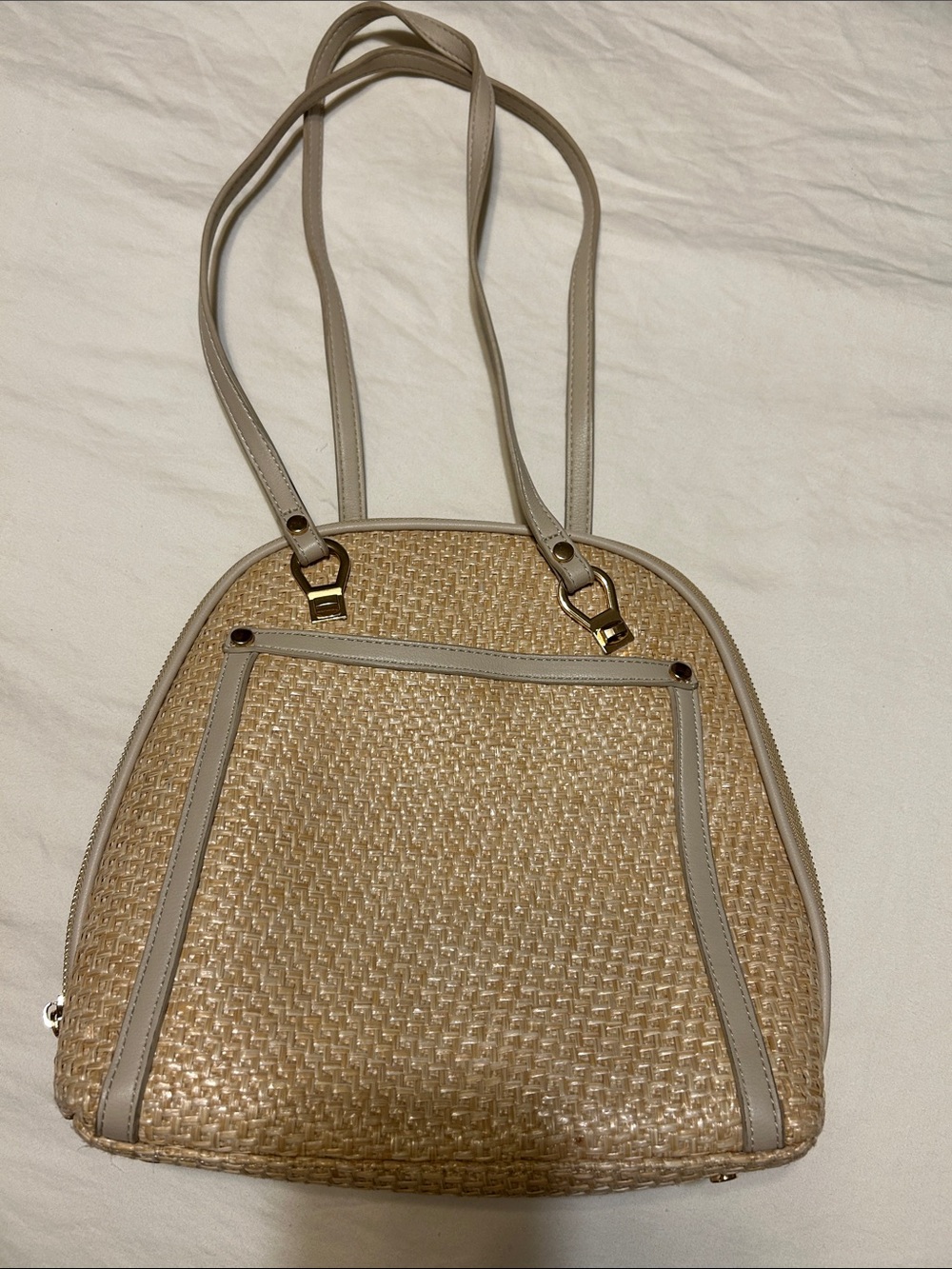 Miztique Beige Woven Tote with Light Taupe Trim and Gold Accents
